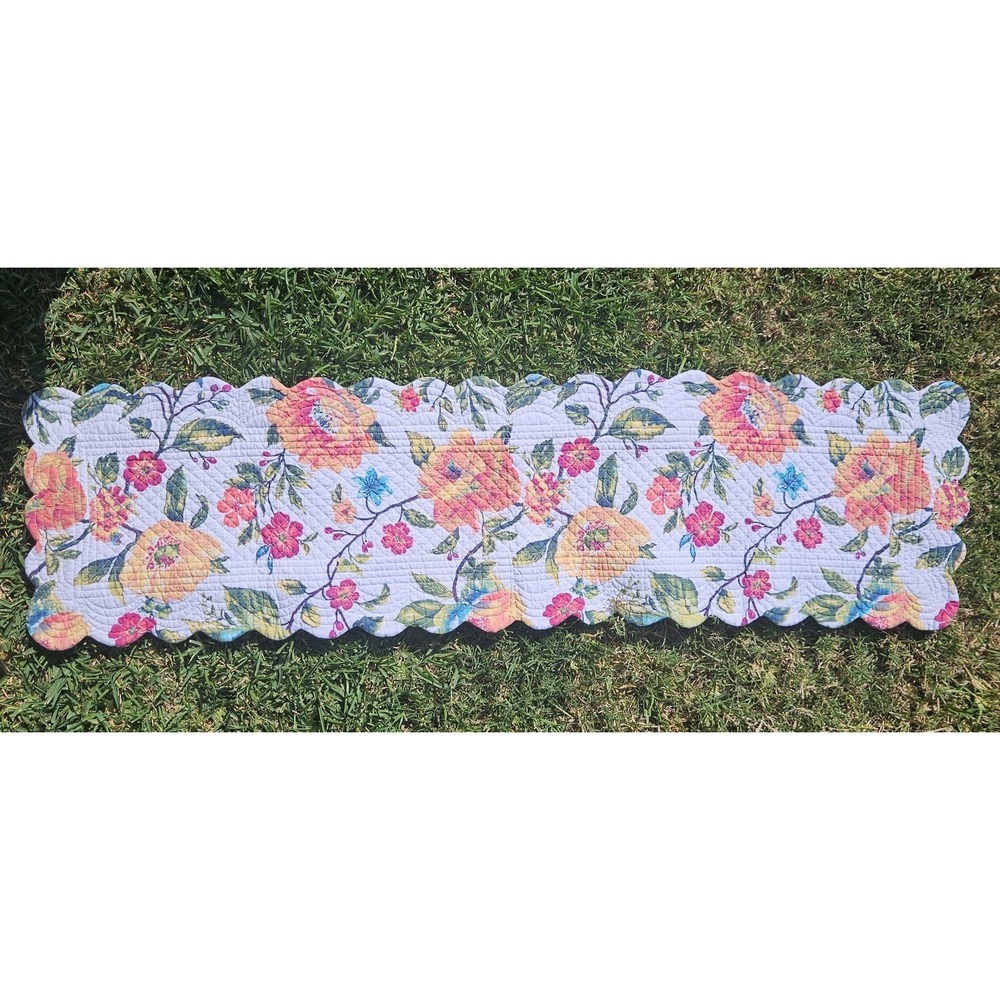 Floral Quilted Scalloped Edge Table Runner Cottagecore Shabby Chick Approx 51" L